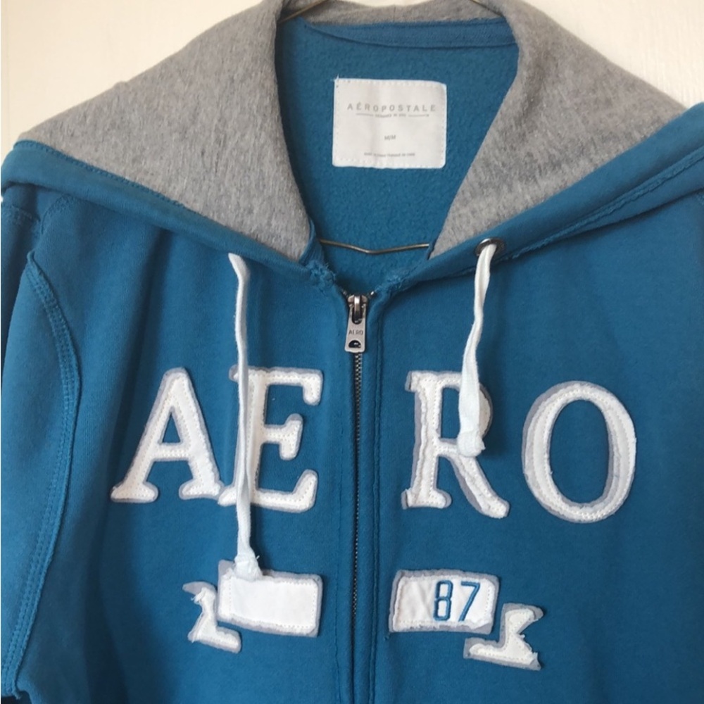 Aeropostale Zipper Hoodie Sweatshirt Cerulean Blue White Gray Jacket Coat Gift M - Picture 3 of 16